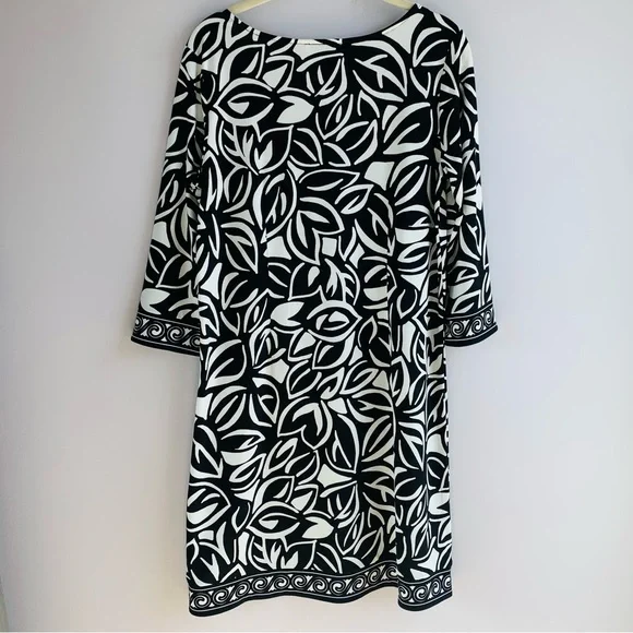 Loft Dress Black White Stretch Shift Tropical Leaf Print Greek Key Office Small - Picture 6 of 6